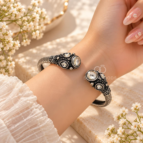 Patterned adjustable cuff bracelet with black detailing and round clear accents | SISTERHOODS-SHA256:763be5f2db80d638799f4fb1e6198d242538bfdf99316e4c69504cb5616c3dec