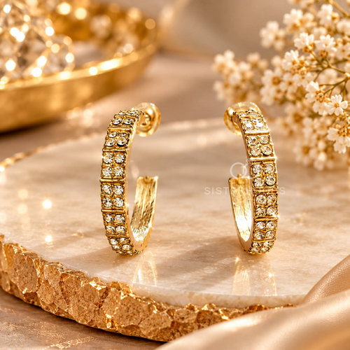 Gold tone hoop earrings with clear decorative stone accents | SISTERHOODS-SHA256:46c6b085e5f0dec5e502d79a89903f58ccda78954bab76022556885219f89b7e