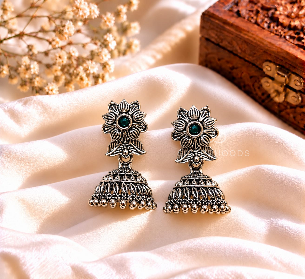 Ornate floral jhumka earrings with green centre accents and beaded dome fringes | SISTERHOODS-SHA256:d6671bef822c60842187870c072e601213e814d219f1d5c90c32dba9275ae7fb