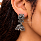Ornate floral jhumka earrings with green centre accents and beaded dome fringes | SISTERHOODS-SHA256:da84e3000453410cb82f79660e5dbc1c1015d19000dce609d768c13930a3f817