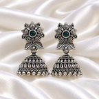 Ornate floral jhumka earrings with green centre accents and beaded dome fringes | SISTERHOODS-SHA256:3d0ccbf9ebf5b33c067d01bcb05fb2fdfab88172ccac40dfbad2d0cc0f53d82f