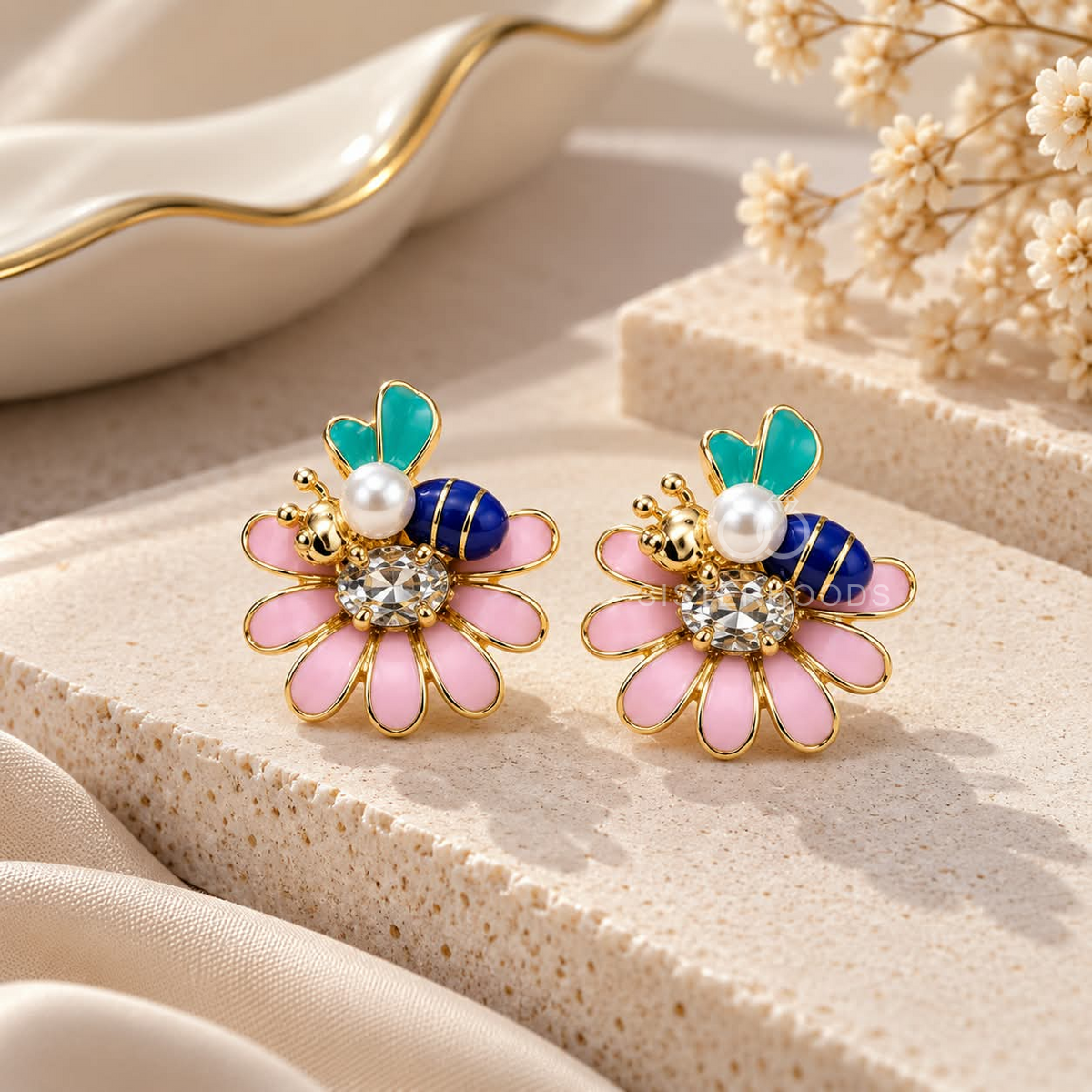 Multicolour floral stud earrings with pink petals, teal leaves, navy accents, white beads and sparkling centres | SISTERHOODS-SHA256:f52b80b5afc43c3aec4ad3718a9316dccc3f67fcd1957b3fffaffe4b3287a750