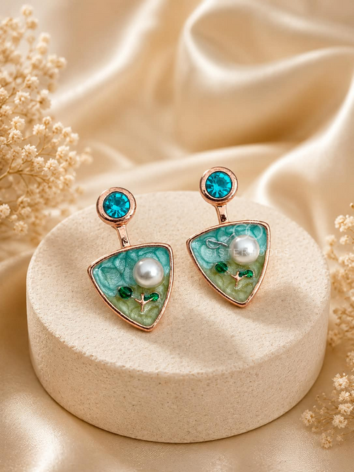 Multicolour triangular drop earrings with blue round studs and aqua, green and white details | SISTERHOODS-SHA256:76c0a3706f741b5a4cb74f46cdaf9810d88ac518588f2ee5efbd518b0487304a
