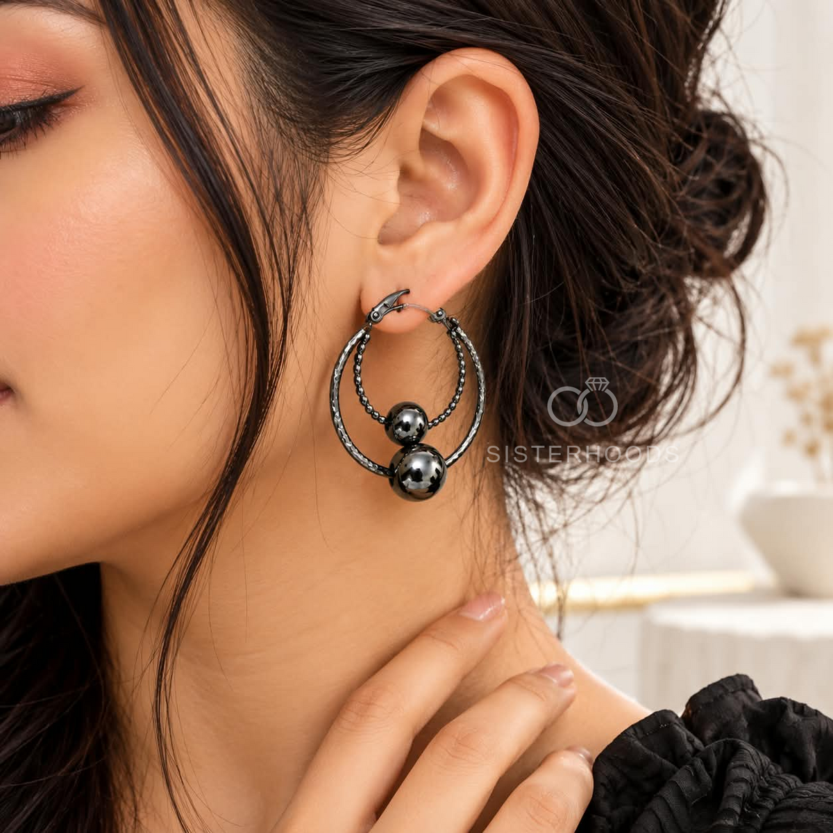Black hoop earrings with inner beaded circles and twin sphere accents | SISTERHOODS-SHA256:425e5f971106967d8a0546a1c0dcf4149a5f32ce037aee38f6743a4e727230b0