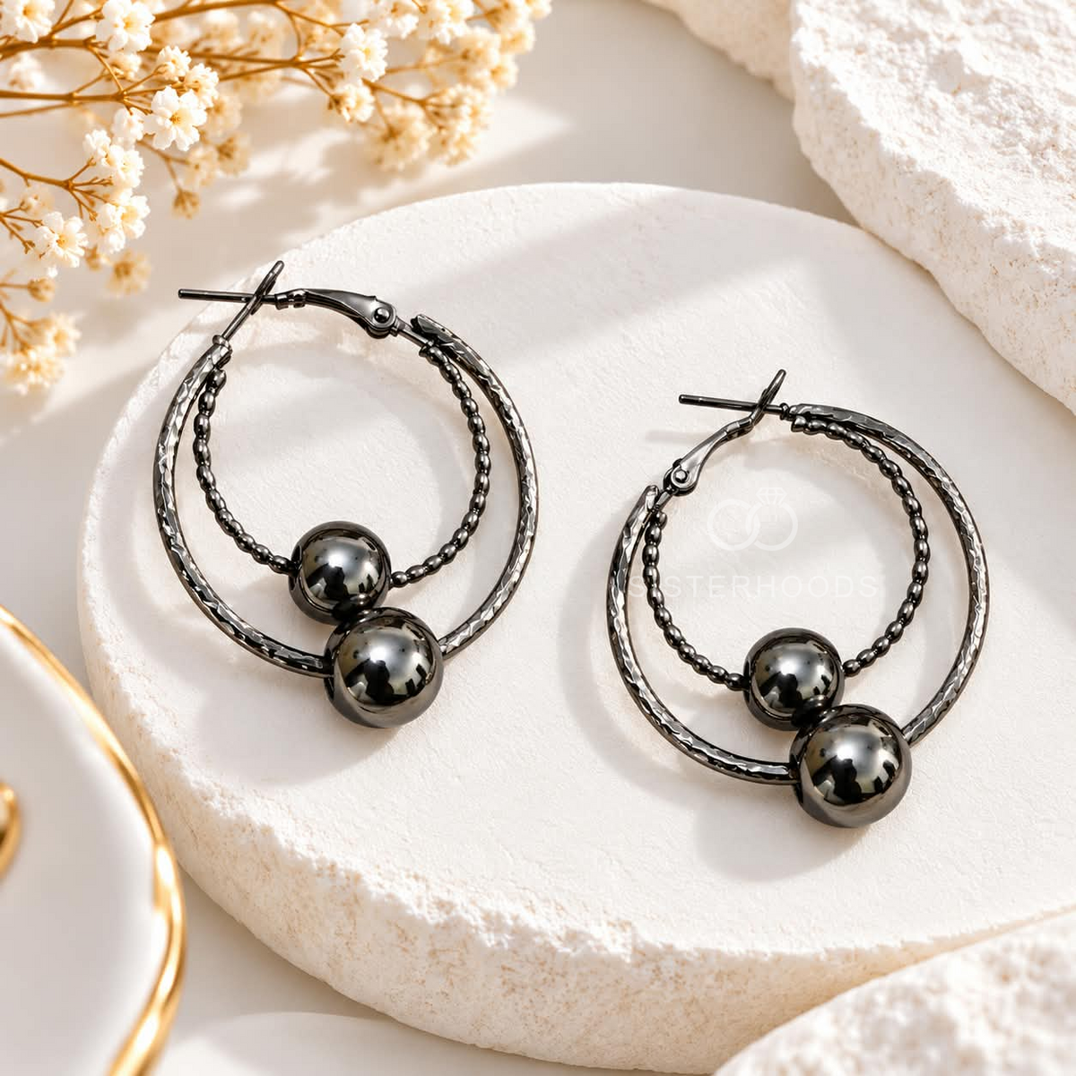 Black hoop earrings with inner beaded circles and twin sphere accents | SISTERHOODS-SHA256:58f008657f25f7dc28ae945c2951a5b3e68e8170369ab92c1ff4047ba9ed083a