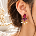 Magenta teardrop dangle earrings with round accents and white bead drops | SISTERHOODS-SHA256:d13283a8811fa8414d2f55c7c01f92f98baf6174dd5d20ec633e9ad6368c8f4b