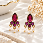 Magenta teardrop dangle earrings with round accents and white bead drops | SISTERHOODS-SHA256:2570cae5c717bdf3ca1b2d1a11a5092f5d2ebdcafa3ce7d18ab9a2014295488d