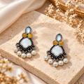 Multicolour oxidized dangle earrings with white beads, mustard accents and geometric centre details | SISTERHOODS-SHA256:91a5866b2c37ce853cb04dba7bc6ee8e9dfeccc5f5bf600191cd541ec7251429