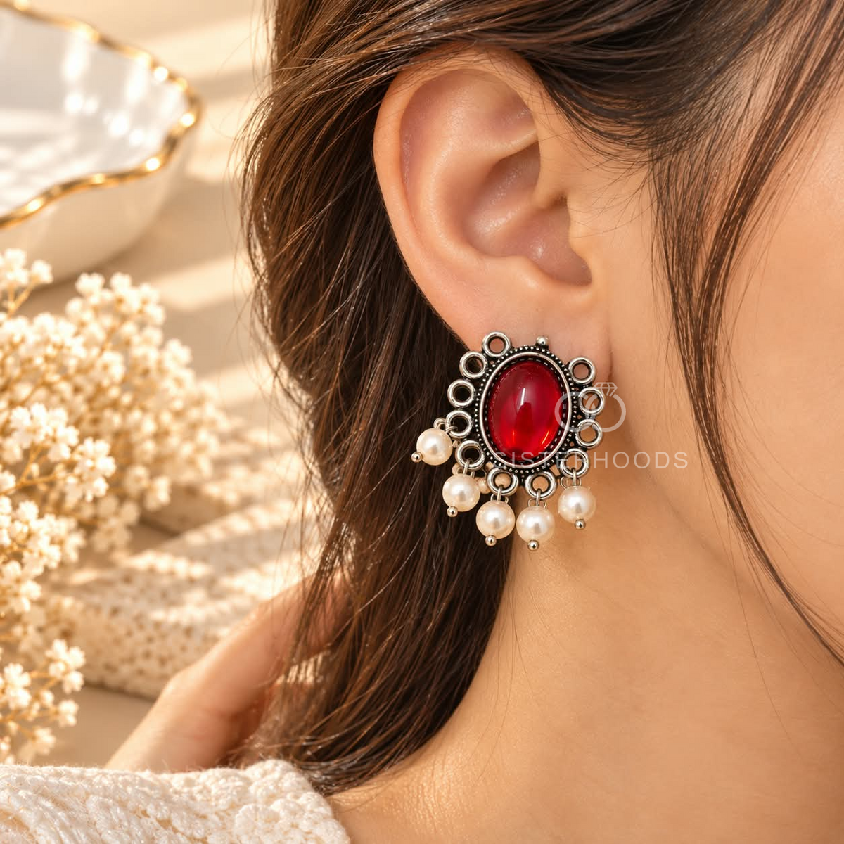 Oxidized dangle earrings with red oval centres, pearl drops and circular detailing | SISTERHOODS-SHA256:df1a941d12136d09814bff0cd3314f8e126b6e503789300c8f567a5e7b2502ec