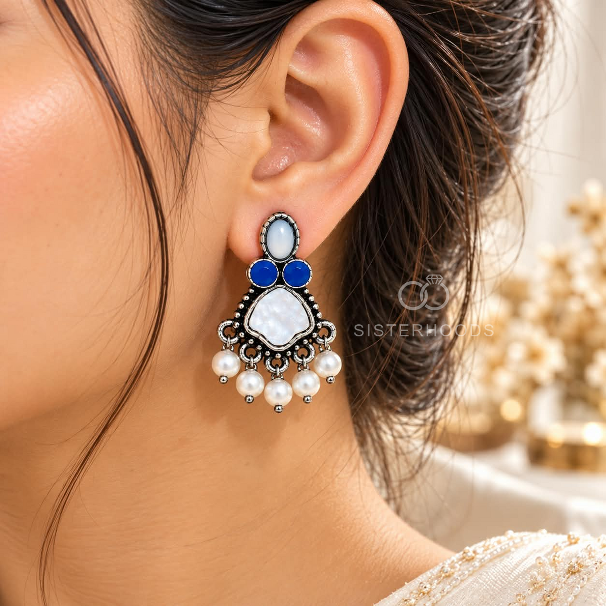 Blue and white beaded oxidized dangle earrings with a statement drop design | SISTERHOODS-SHA256:7d3d04f7e8900004f352176ff33e0c63b0cc109faaba75f335bfd8a3f7d7dbad