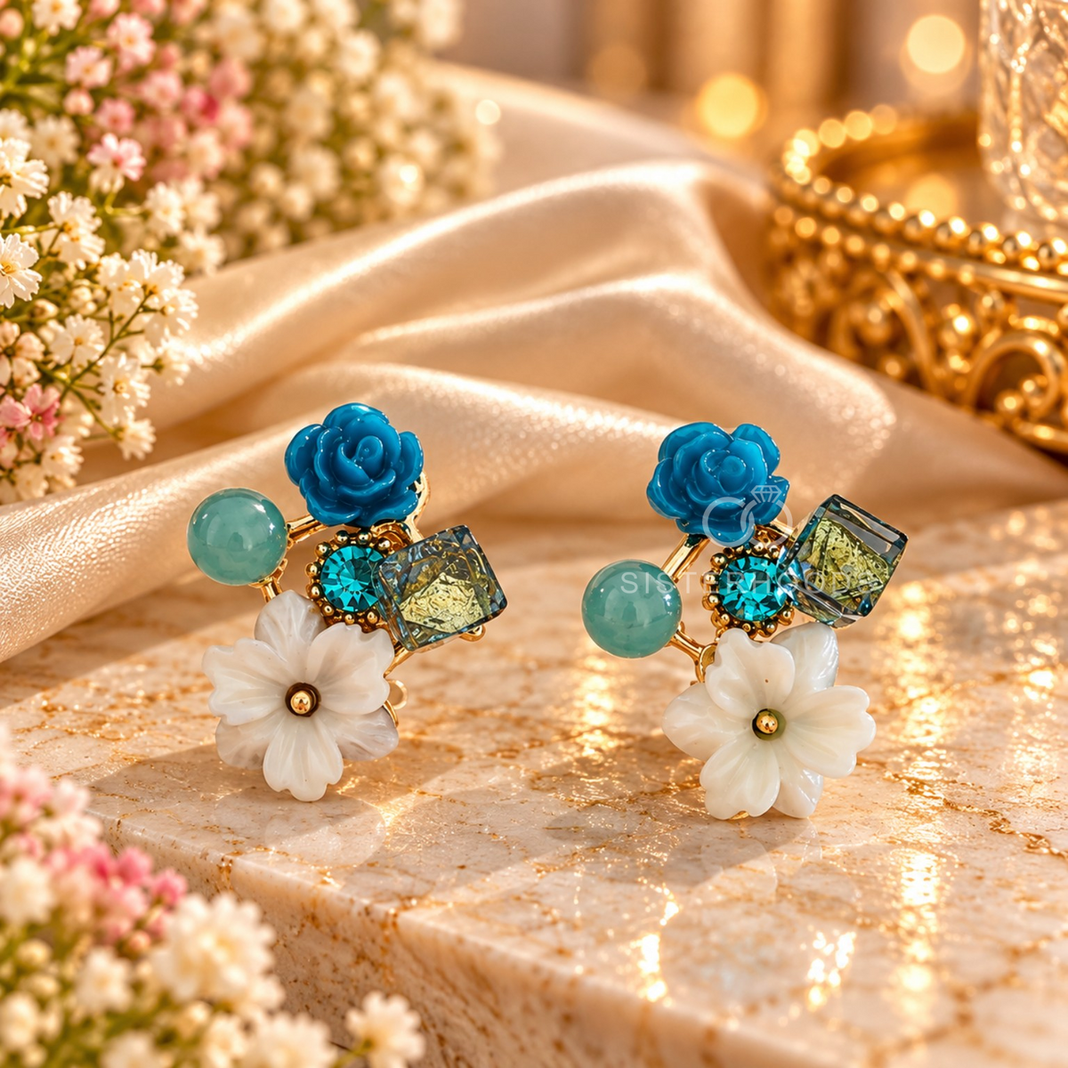 Colourful floral stud earrings with blue roses, white flowers and geometric accents | SISTERHOODS-SHA256:434e5f95f397249648aec2e099ea85e2b686157ec8d270f5dbd9b48cc67be25e