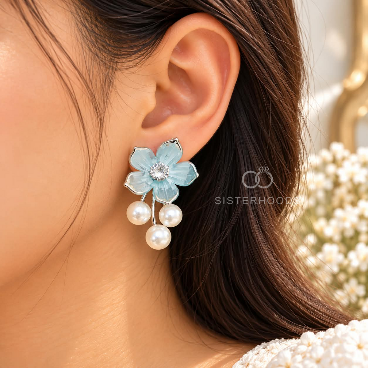 Blue floral dangle earring with sparkling centre and three white pearl drops | SISTERHOODS-SHA256:be431b41894aac6558b9080dda67b6bf07156cafb08fec2ab71f4a2aeffb0283