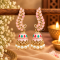 Pink multicolour traditional jhumka earrings with leafy detailing and white bead drops | SISTERHOODS-SHA256:904dc18a60e5235a3d6814fcd2f2fa4112332eaf5363796e4db680efd7805245