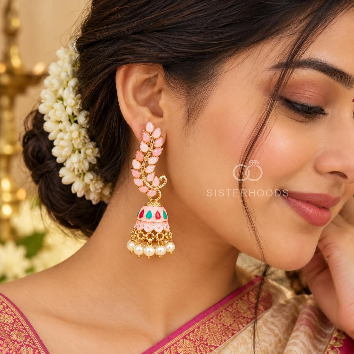 Pink multicolour traditional jhumka earrings with leafy detailing and white bead drops | SISTERHOODS-SHA256:a3919a47a8341fda8181d78c8131fae15f784c1cc2e7a24eecb6bc38a16accae