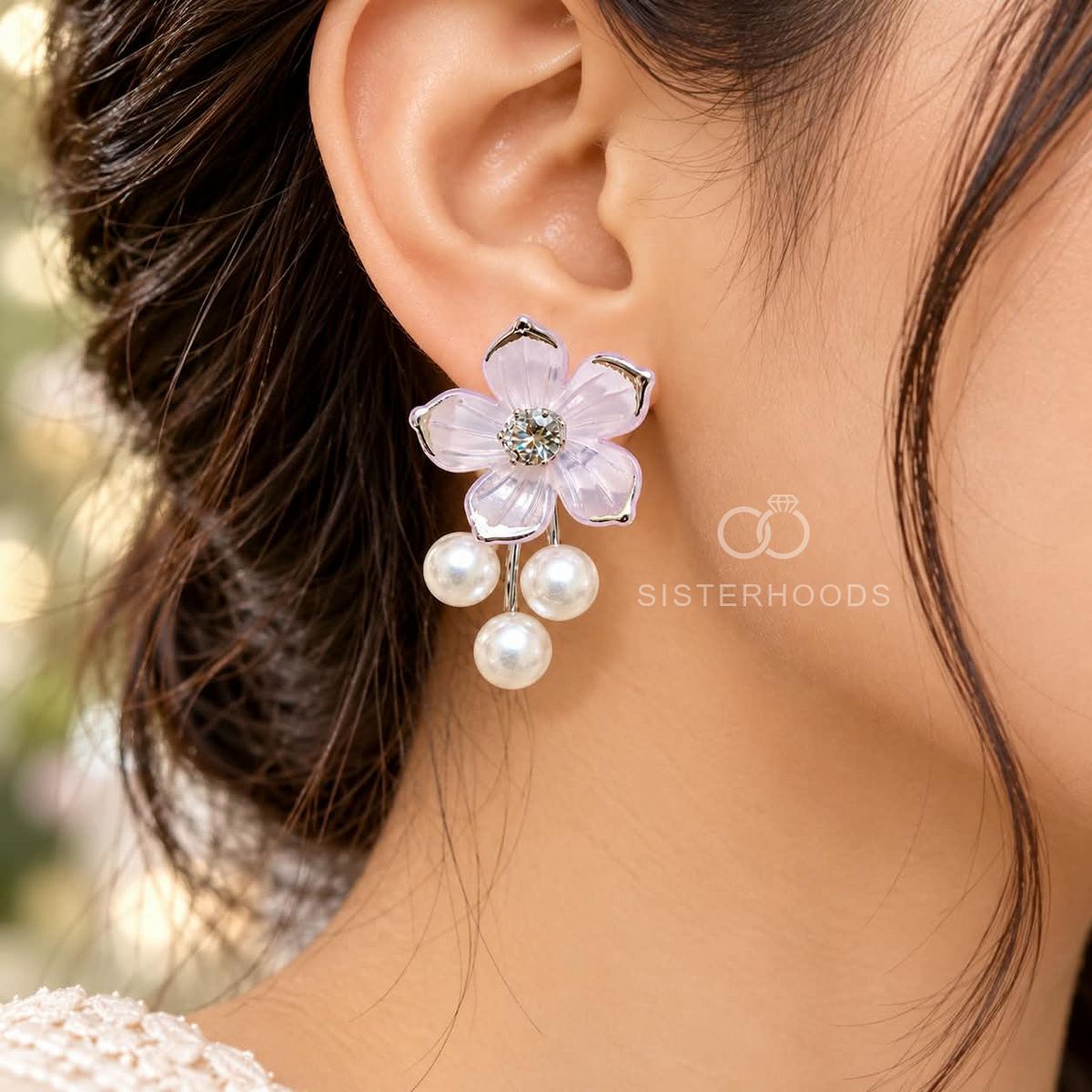 Pink flower earrings with a sparkling centre and three dangling white pearls | SISTERHOODS-SHA256:5fa1eda1b3b90a07b25e9bb34d0d238b8976ba4fe608873722b62ffc240495a0