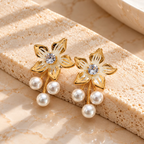 Gold-tone floral dangle earring with sparkling centre and three white pearl drops | SISTERHOODS-SHA256:914372a641b83bd4f3945bb1513803e91cea83e2797c30b0d43b0ca2251a55f2