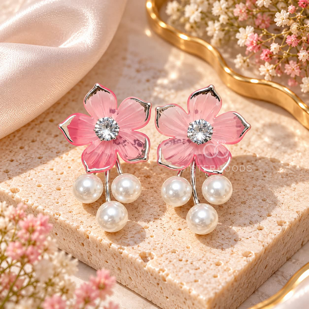 Pink flower dangle earrings with sparkling centres and white pearl drops | SISTERHOODS-SHA256:ca026aa05615d9fcd80c6e0a3b491f3b555c769c000a5ff0f52d46e8e7f51131