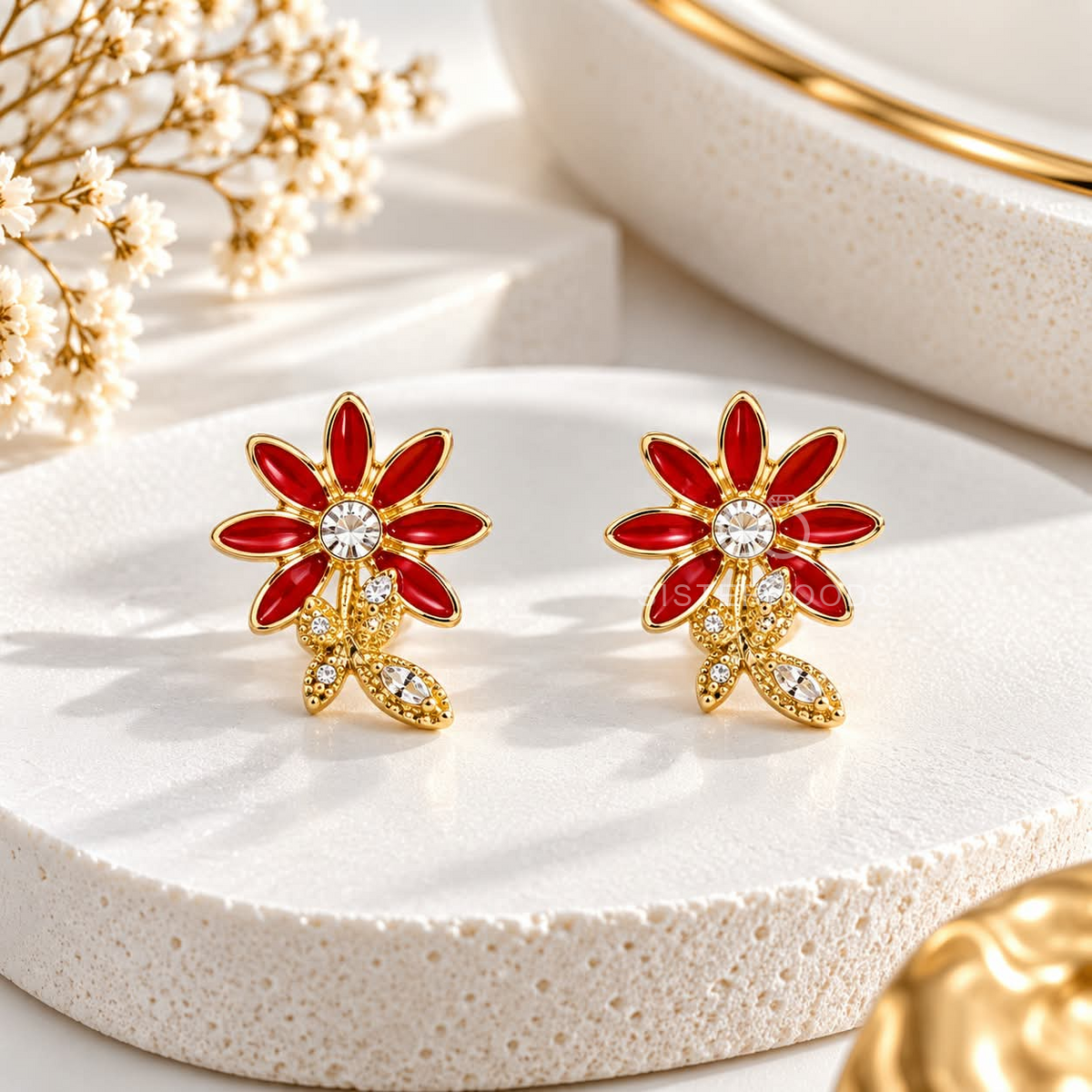 Red floral stud earring with clear sparkling accents and a dangling leaf-shaped detail | SISTERHOODS-SHA256:9afa899683388e8e432e95cdc8b43d6a4e3762b2477fac988e06c40998b3ee4c