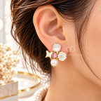 Gold-tone dangle earrings with white pearls, butterfly charms, floral accents, pink details and faceted square tops | SISTERHOODS-SHA256:d1adbdf0b32d5381694f62c718e78a4021ec3806130472dbc70a63adc105abc5