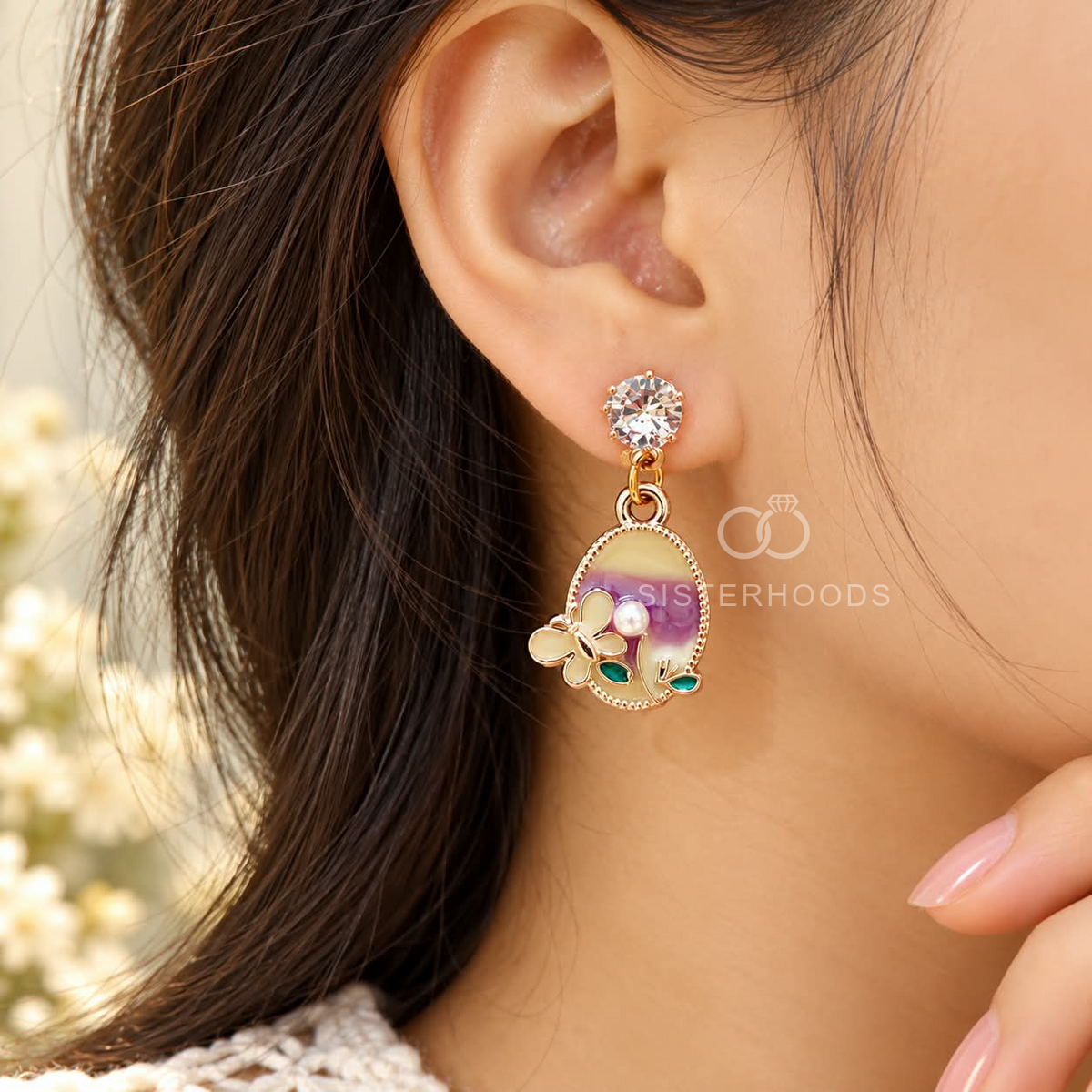 Multicolour butterfly dangle earrings with faceted stud tops, pearl accents and garden-inspired oval pendants | SISTERHOODS-SHA256:1be4285df16bebab1ae6beb769fa2bfefa54dac90cfa65abbb9cd38bcb1120c9