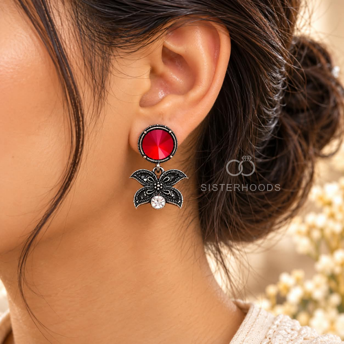 Crimson and black butterfly oxidized dangle earring with round red accent | SISTERHOODS-SHA256:21bddc3bdad089306c0c448a0e46e2624766d14fddbb4f7ba0c78ee6ac32a18f