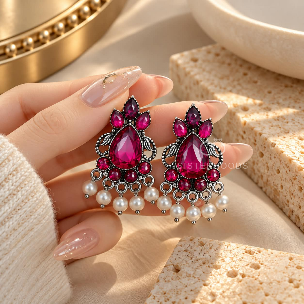 Oxidized silver-tone dangle earrings with magenta stones and white bead drops | SISTERHOODS-SHA256:675b5a49177d0e986d3c4b90a318da408961f2943f8a0222a6db205bd5e40b8d