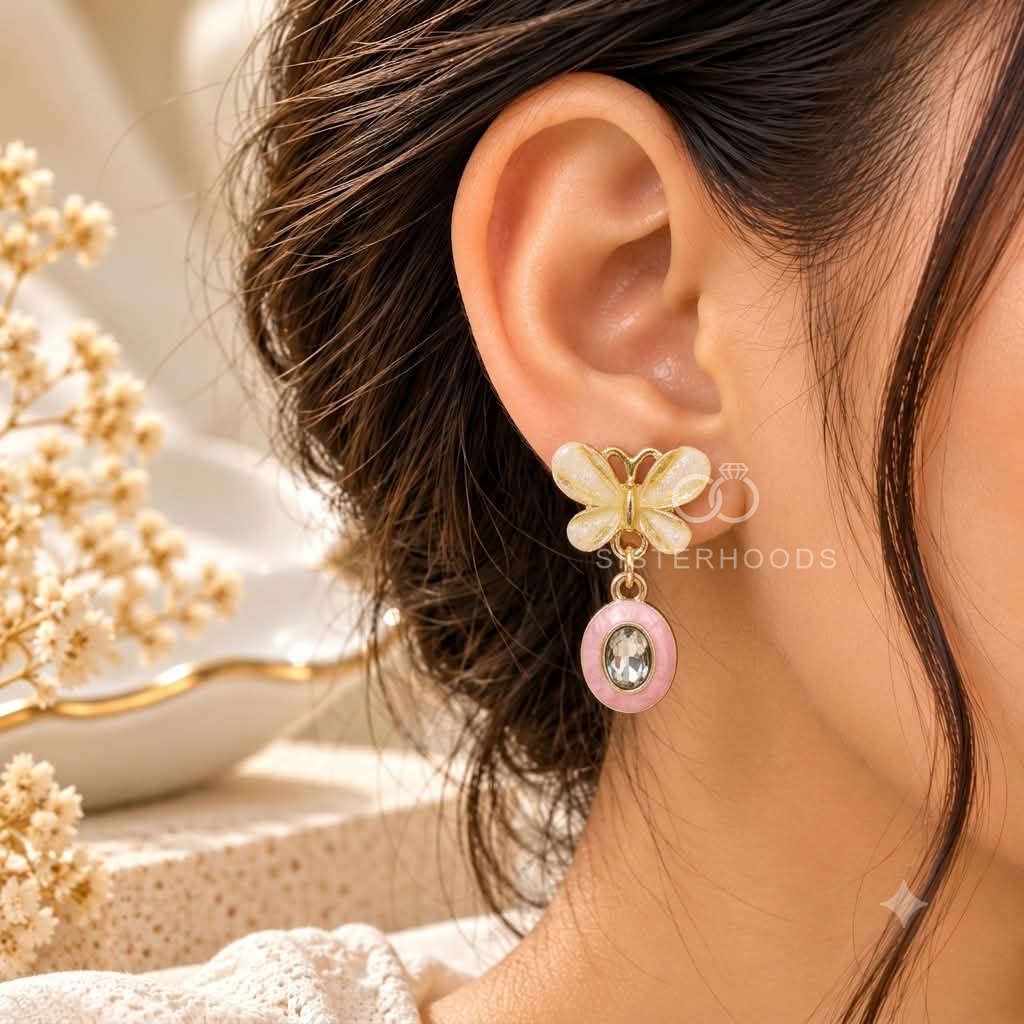 Korean drop earrings with ivory flower tops, pink oval accents and faceted blue centres | SISTERHOODS-SHA256:8aedc503c1a9ab61fb52f2a28057b03b0dd3bf56d45f65eab307b88e27f7b53b