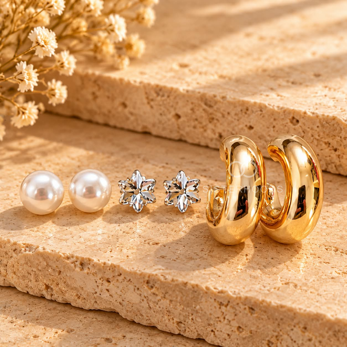 Pearl studs, floral crystal studs and golden hoop earrings arranged together | SISTERHOODS-SHA256:64c9b733015bc0d900f75cafe643cbc4649fa1a8c2a0dab43fd20ebac05962cf