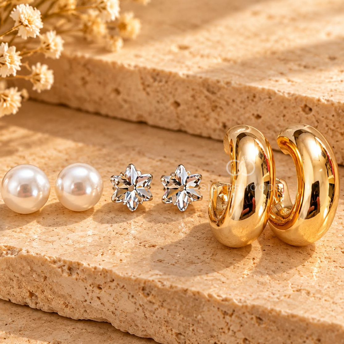 Pearl studs, floral crystal studs and golden hoop earrings arranged together | SISTERHOODS-SHA256:9e442e84dadb9b8beb0bb4120b6b1637314aeab20fba7085a242bfbeabb249cc