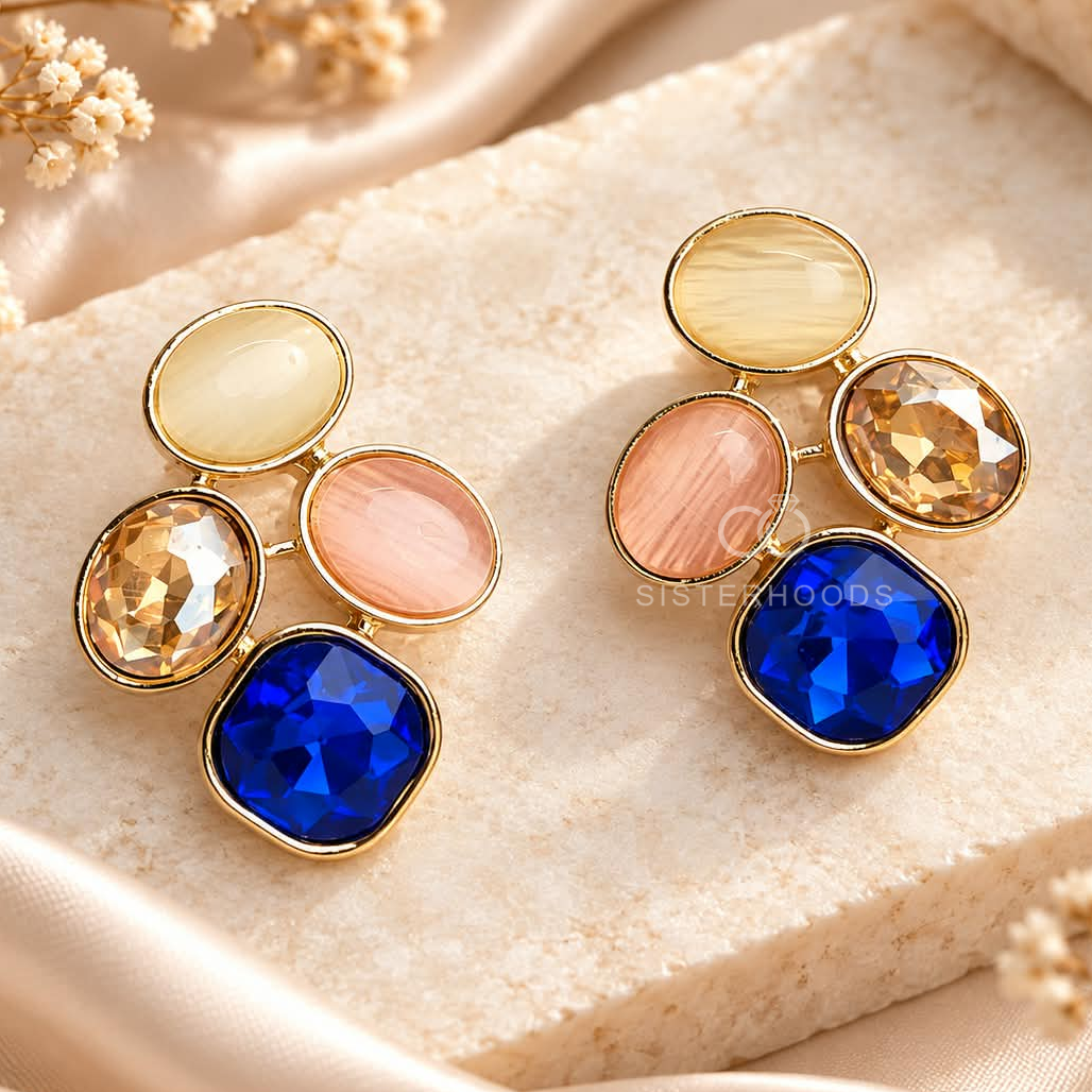 Multicolour cluster stud earrings with blue, pink, cream and amber-toned faceted details | SISTERHOODS-SHA256:3e83704ed2aa39c210f08d0ebb9a8e90587bdbd9b68948f4918657c76df53904