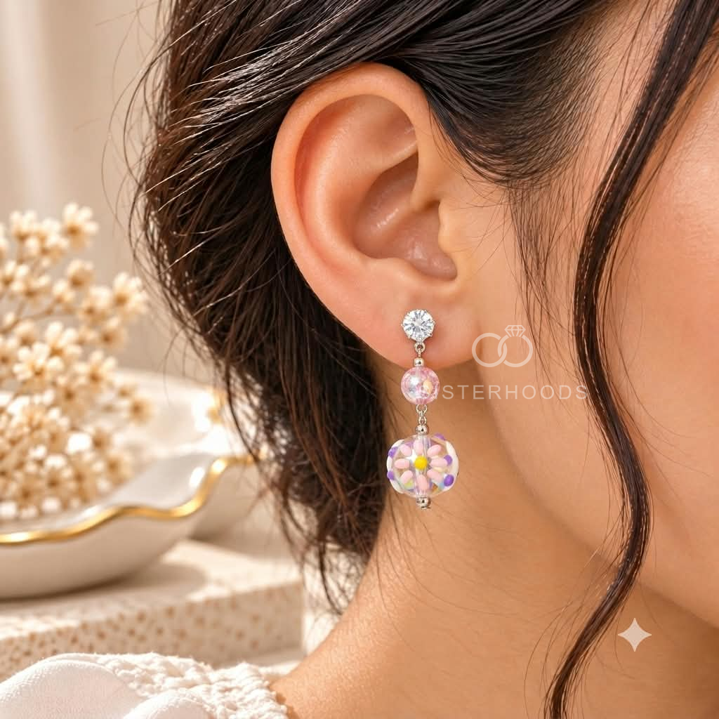 Multicolour Korean dangle earrings with sparkling studs, pink beads and floral-inspired round charms | SISTERHOODS-SHA256:4409543876ab58196d94b2a46a24d5f7a2f94ab65b6c1667724ef1e78a8f1855