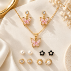 Gold-tone butterfly necklace with pink butterfly pendant, matching earrings and assorted pearl, floral and crystal stud earrings | SISTERHOODS-SHA256:b080b279c90c4063f6337bd24adc5222035161bb029742965de7da080d466c28