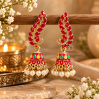 Red leaf motif jhumka earrings with colourful bell details and white pearl-like hanging beads | SISTERHOODS-SHA256:b7304f18ff1f9deec828c40695d409f4463ba3d908f6681d6db907b1de3aa1b6