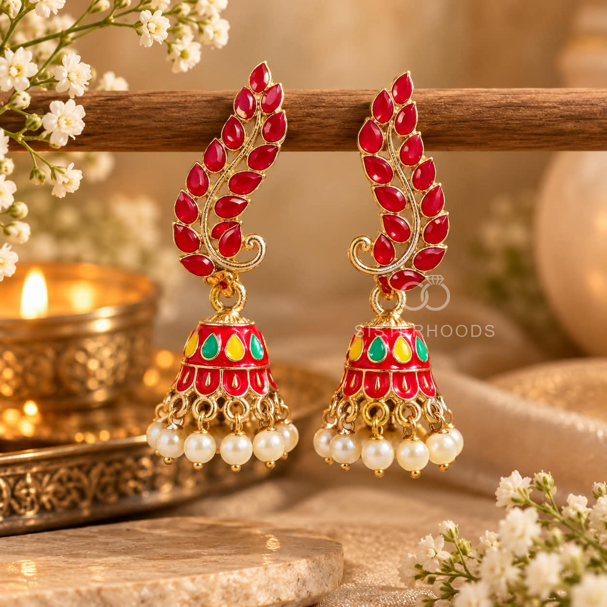 Red leaf motif jhumka earrings with colourful bell details and white pearl-like hanging beads | SISTERHOODS-SHA256:b7304f18ff1f9deec828c40695d409f4463ba3d908f6681d6db907b1de3aa1b6
