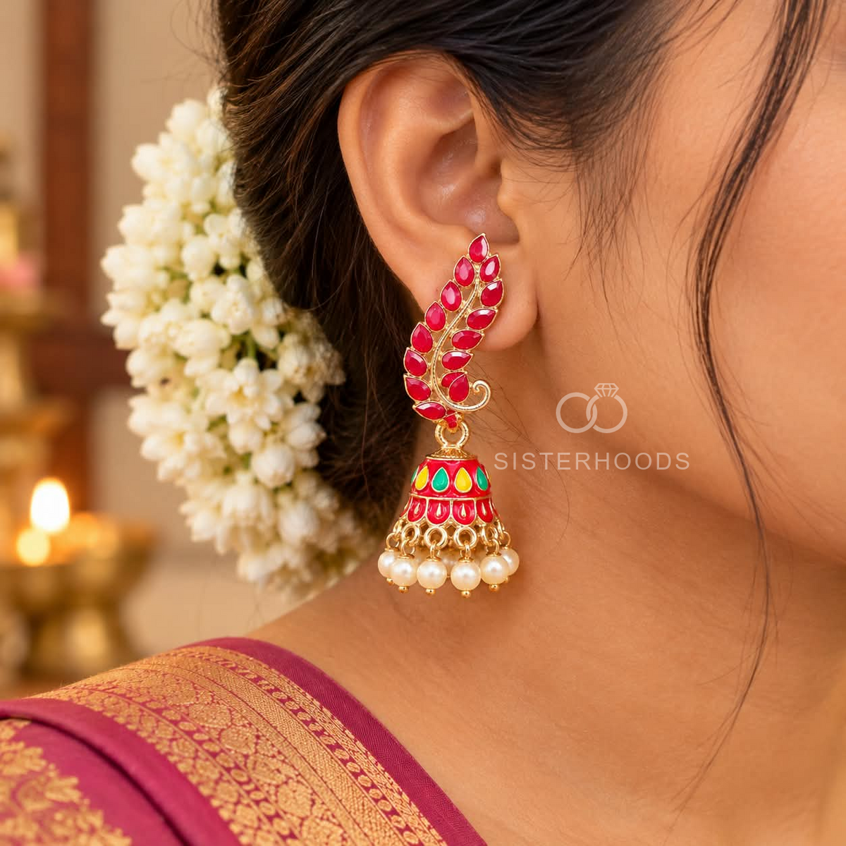 Red leaf motif jhumka earrings with colourful bell details and white pearl-like hanging beads | SISTERHOODS-SHA256:46abdc647d87bcc0e440690ec4bf49bcf6c20ab4ec9ca45dc54702a7e86b1b92