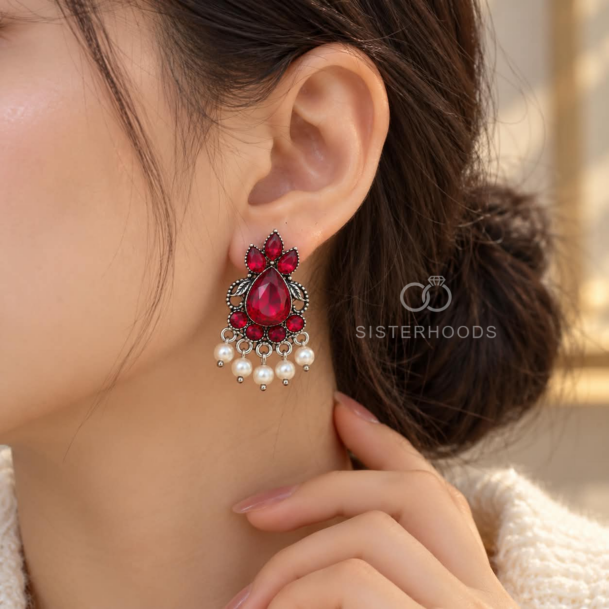 Deep red oxidized floral dangle earring with cascading white bead accents | SISTERHOODS-SHA256:a1453a82ab8c1205b4c5e04e5cda82844820ba6f24f1461c34b50b25ae784572