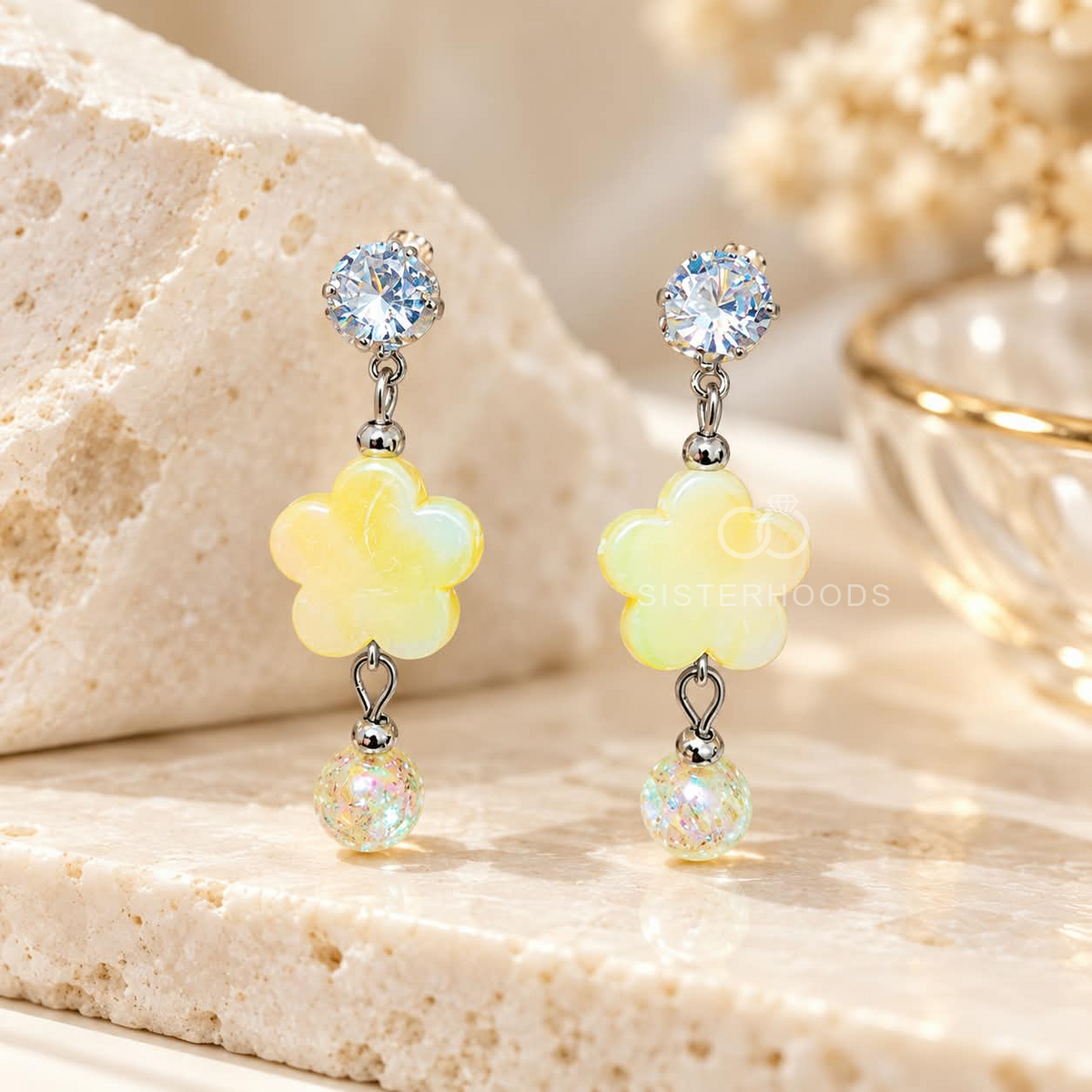 Silver-tone dangle earring with crystal stud, yellow flower and colourful shimmer ball | SISTERHOODS-SHA256:ba1fa8d97fcb74c047b7be08c1c22b9172593f7f38377e543d92f4673e57e193