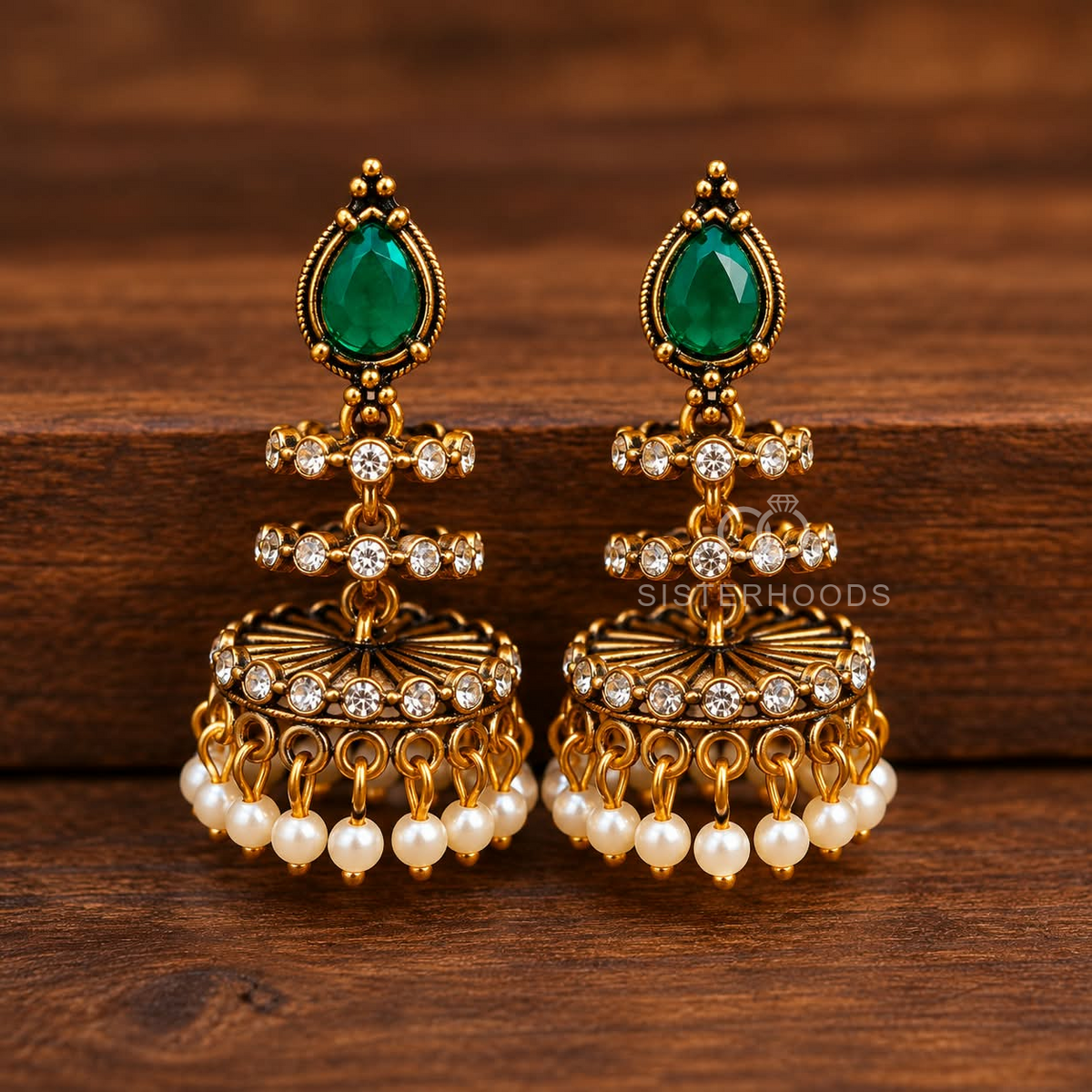 Green teardrop jhumka earrings with crystal accents and white bead fringe | SISTERHOODS-SHA256:280f9098036f3b2f1e071a023d1e9fb0c1ef5e0f1bcbc8ceff13a84fe83f6bf4