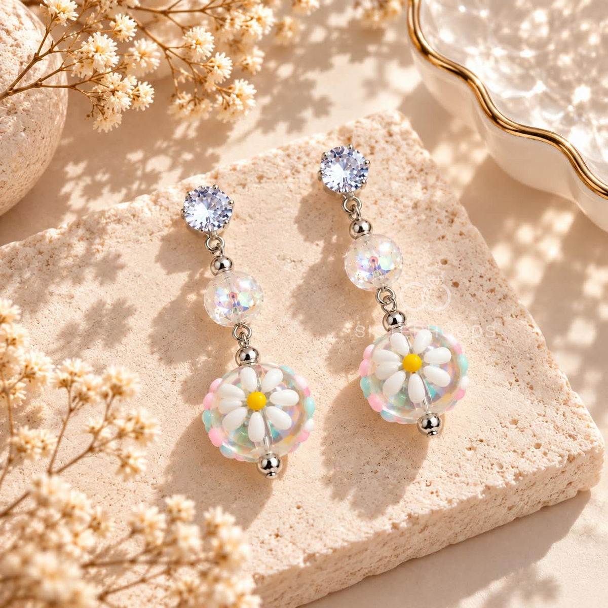 Multicolour Korean dangle earring with faceted accents and pastel daisy beadwork | SISTERHOODS-SHA256:cfa45f86c6815aef4a768c7ab98071cd8ec77003ab069b01b3c29126d0de4303
