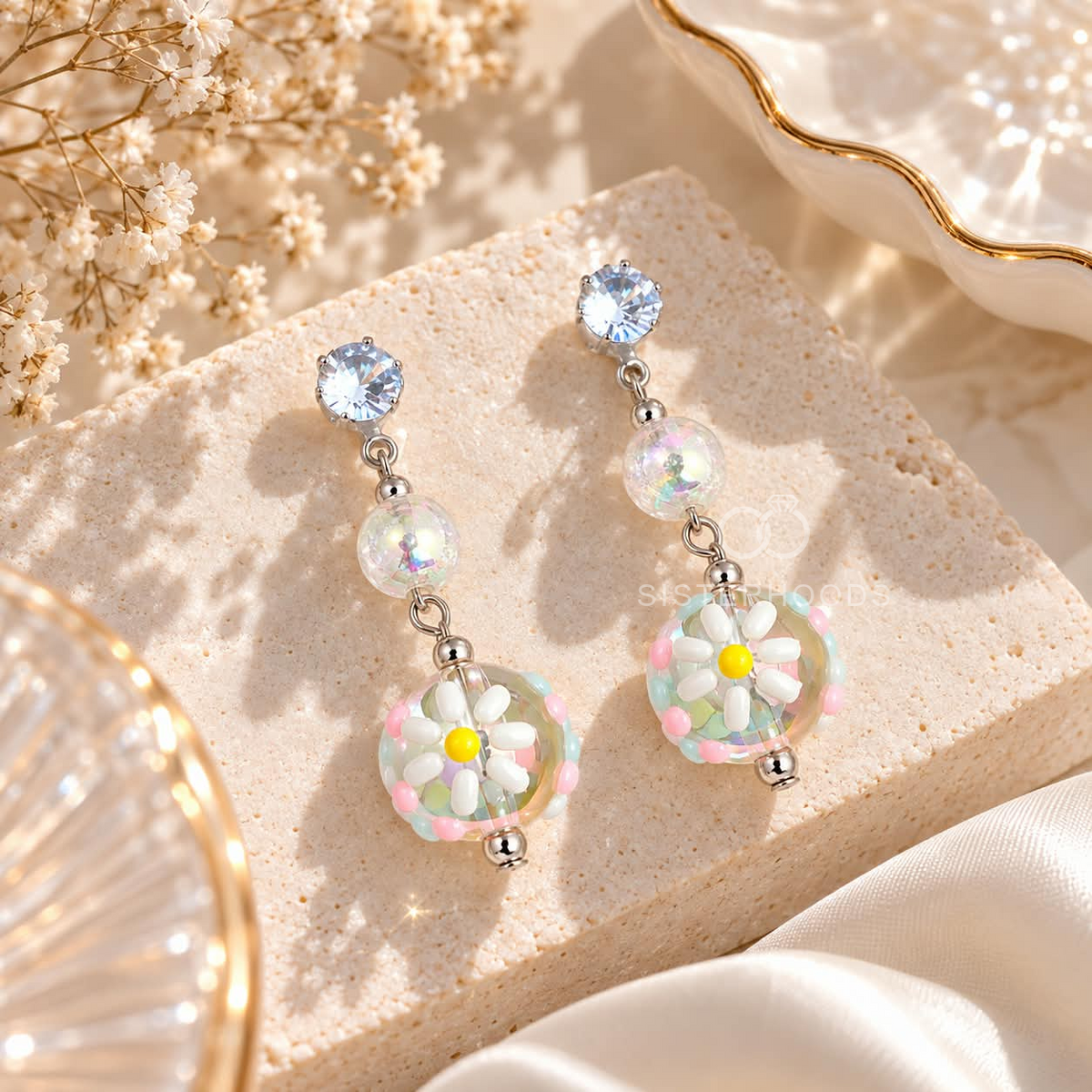Multicolour Korean dangle earring with faceted accents and pastel daisy beadwork | SISTERHOODS-SHA256:50d517e8050cd9ecf4ee1b6336a75e22f01fb90ba62be1c747941fde2ed5fd2f