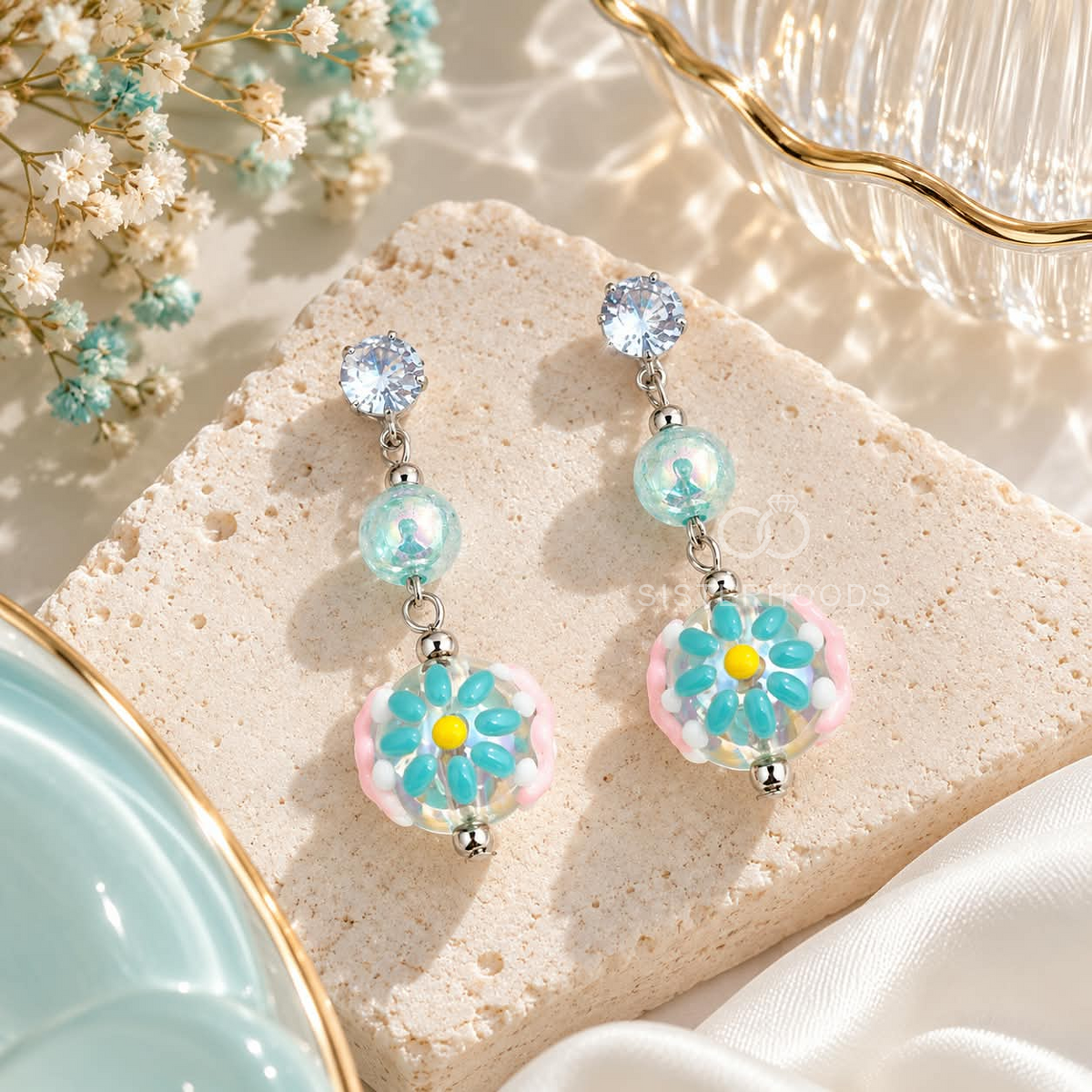 Multicolour Korean dangle earring with crystal stud, aqua bead and floral charm | SISTERHOODS-SHA256:58f587c4339e8baf986fd47d642b0875d67408585c9e521cf85df56cb2c69024