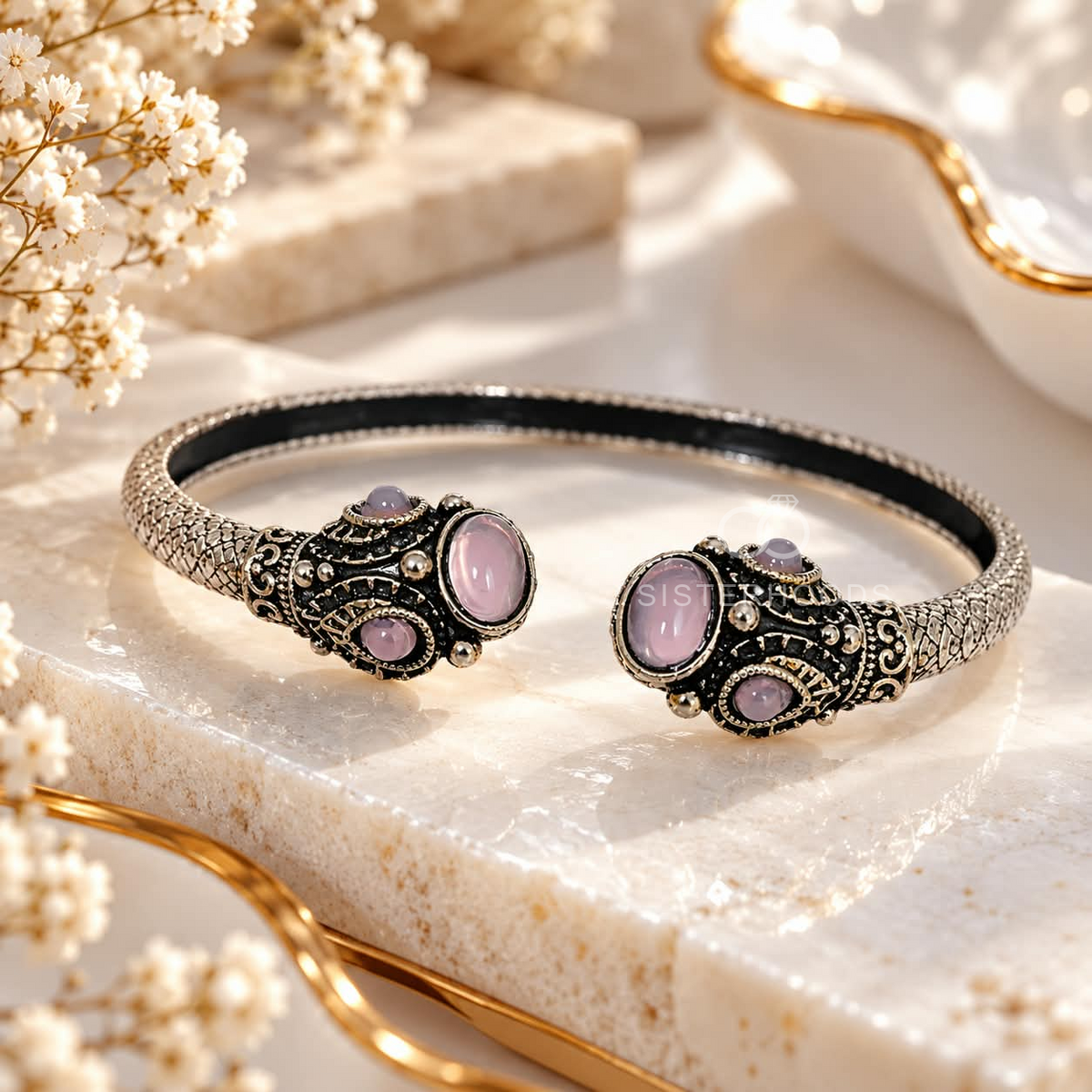 Adjustable silver-black cuff bracelet with ornate detailing and lavender oval accents | SISTERHOODS-SHA256:c6c26e8e96d4d9eb4694f65e8f0090cc6c424140b4e95f52d8e716f87298f56f