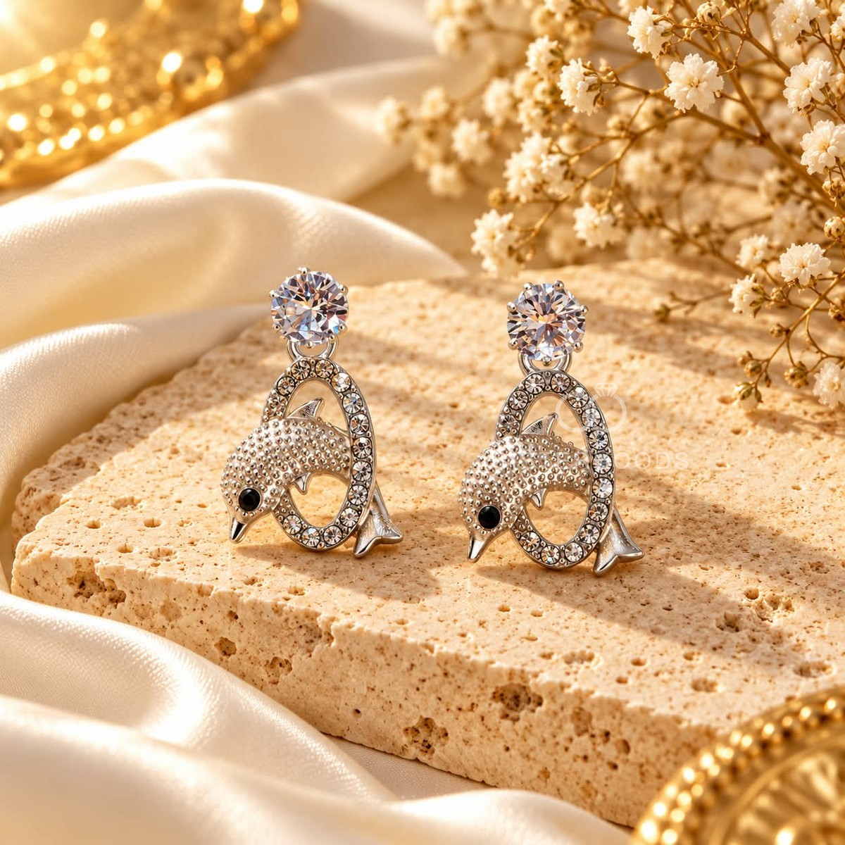 Silver dolphin motif stud earrings with sparkling circular accents | SISTERHOODS-SHA256:cc6098e329967ab14a8f792a1fdfd4f33a78063dc9ef623c4f14d4e0e7fb6f9f