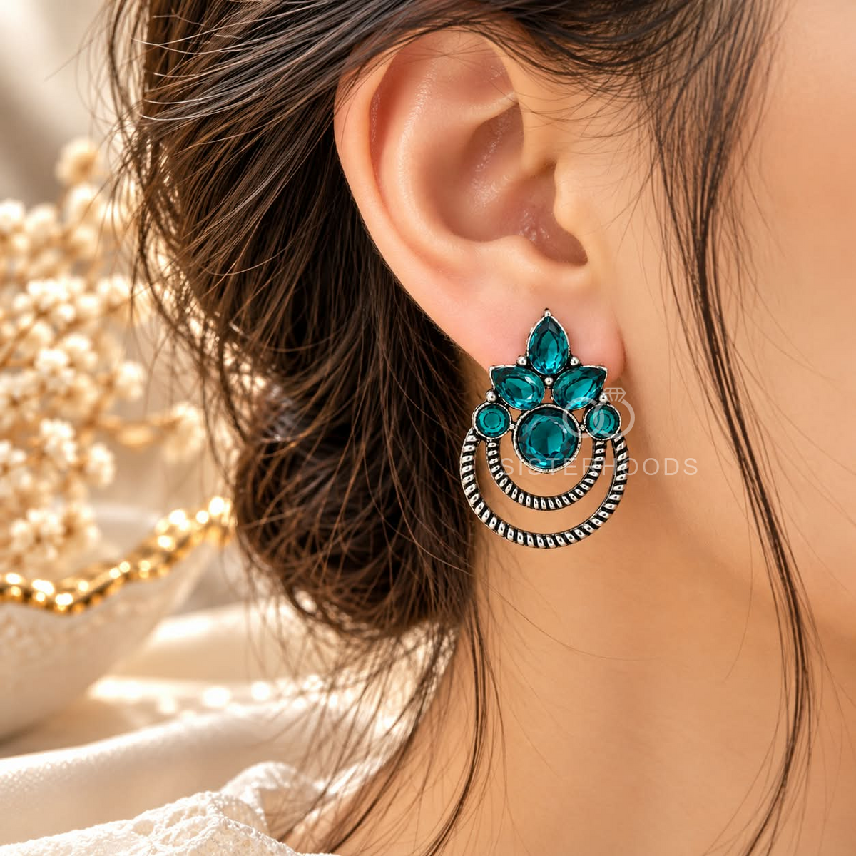 Teal floral dangle earrings with circular oxidized-style detailing | SISTERHOODS-SHA256:42c0a733594d254fdfecab3dd3f04a5ca8f87fc180ebbe920edd1256deba58fa