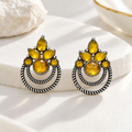 Golden floral oxidized dangle earrings with yellow stones and layered circular hoops | SISTERHOODS-SHA256:e1b7b3b41e3e806cd89803d22f23eedbbab19d84db4588f792c70b8a7d07064b