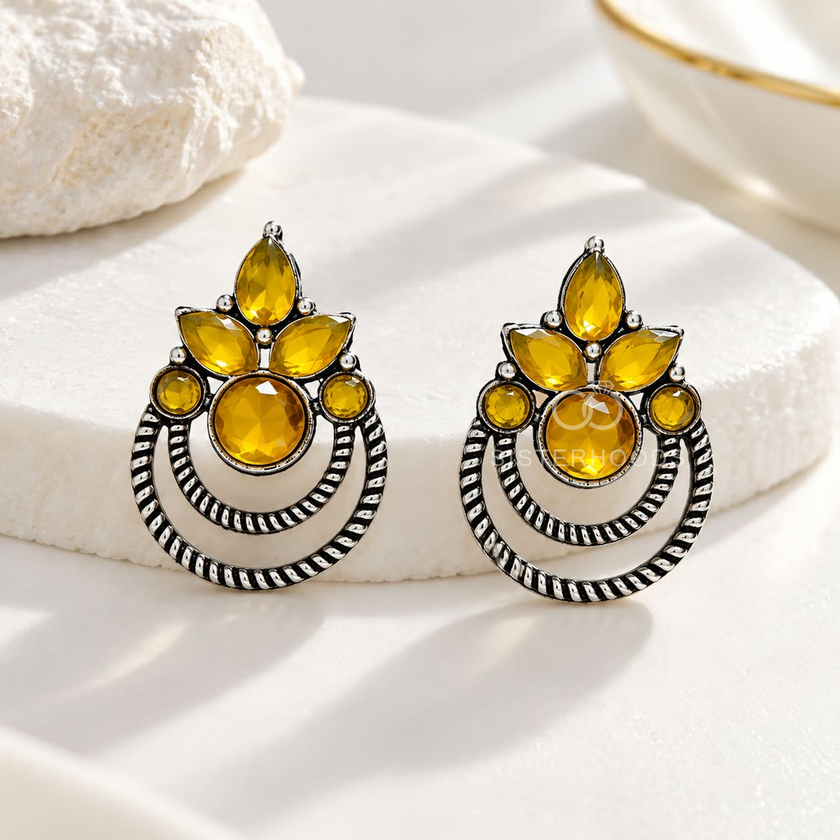 Golden floral oxidized dangle earrings with yellow stones and layered circular hoops | SISTERHOODS-SHA256:e1b7b3b41e3e806cd89803d22f23eedbbab19d84db4588f792c70b8a7d07064b