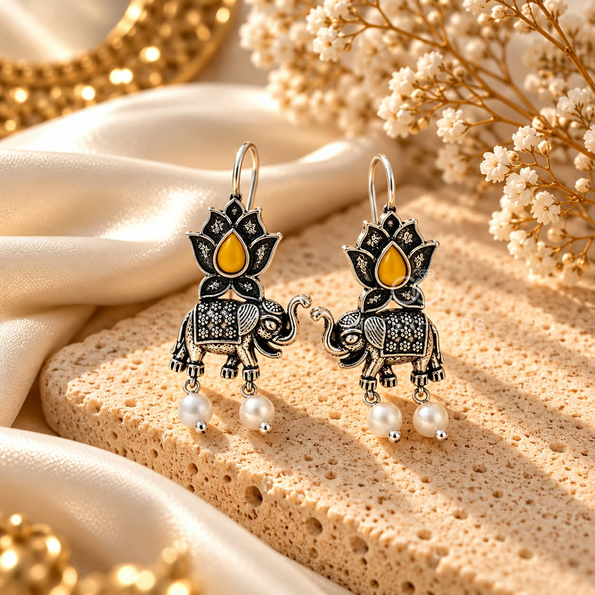 Oxidized elephant and lotus dangle earrings with white pearl drops | SISTERHOODS-SHA256:d62234696a7f4a54ba213d419ceeecf3b20a7581202327dad61ee81f4044a260