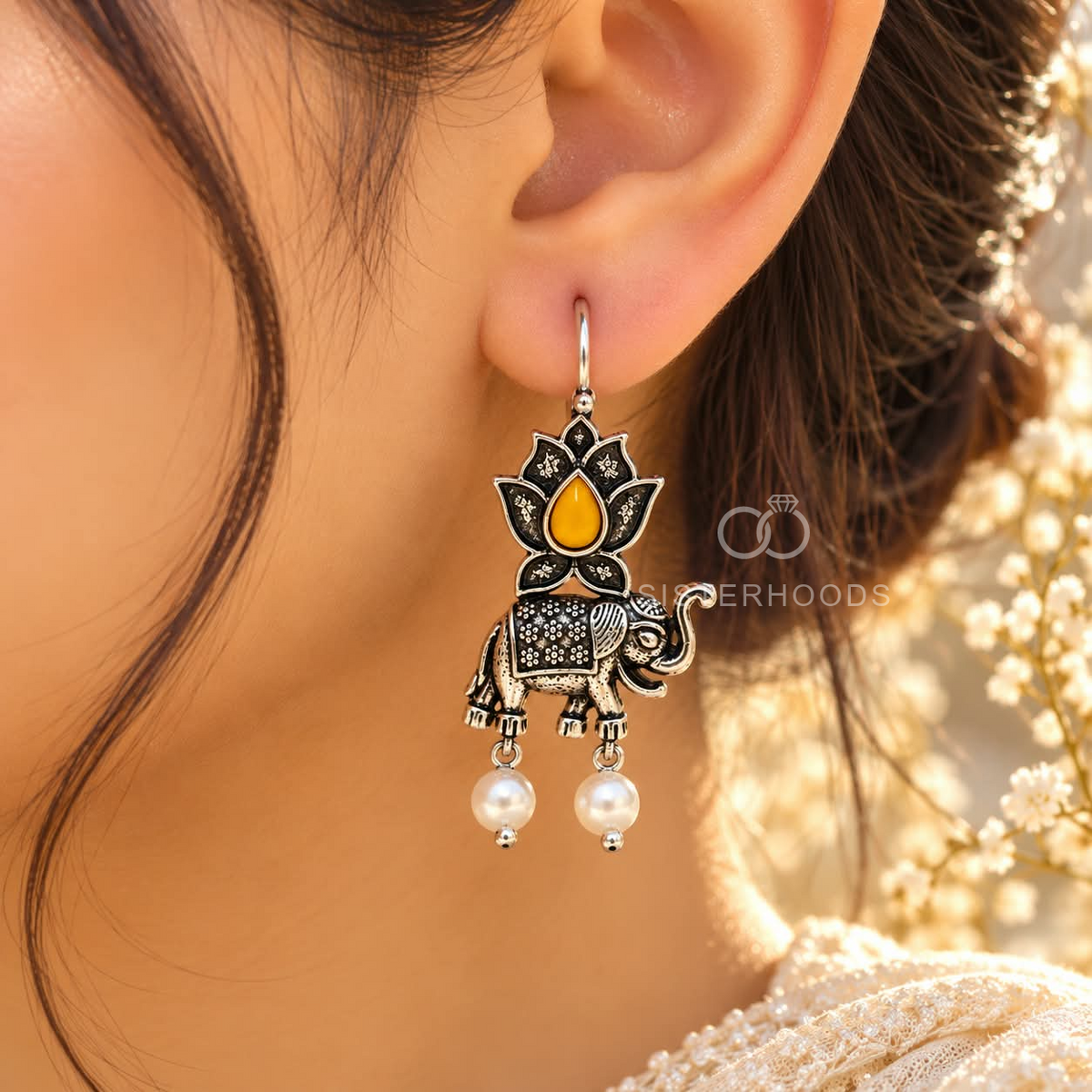 Oxidized elephant and lotus dangle earrings with white pearl drops | SISTERHOODS-SHA256:bf744a17fc786518eb5dee46b4aa033ec42b0000131429dbec781b4ac779cafa
