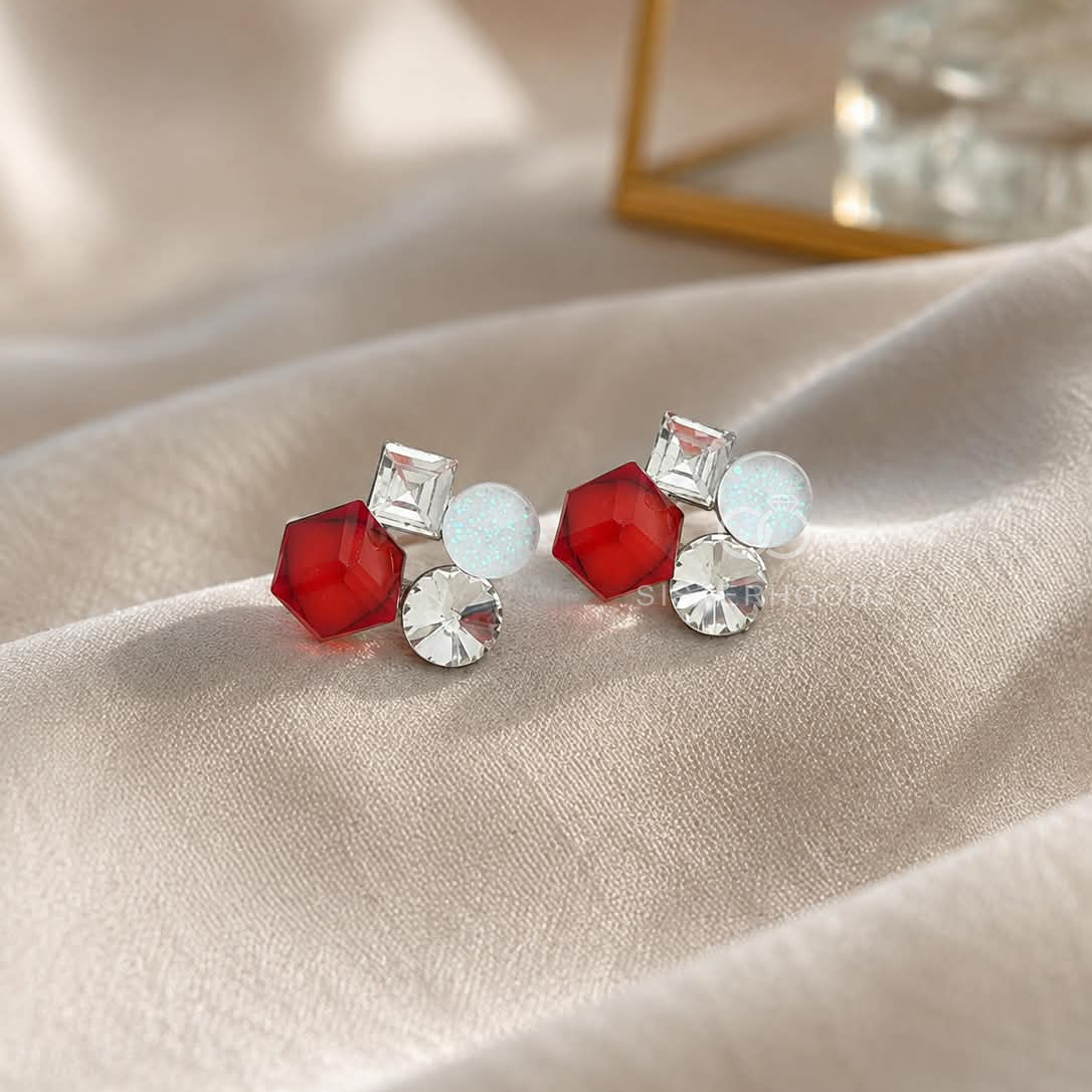 Multicolour geometric stud earrings with red, white and clear faceted accents | SISTERHOODS-SHA256:4bee5b217e5f68d84790032313da3f4fb971dae749a9e9b5a2193ef3a3726767