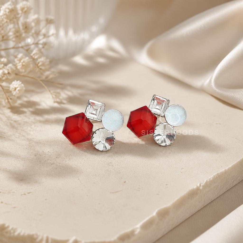 Multicolour geometric stud earrings with red, white and clear faceted accents | SISTERHOODS-SHA256:9c24282a5cd63570f4ad9317d0addbd305f234343707eac473321104e6ac2dea